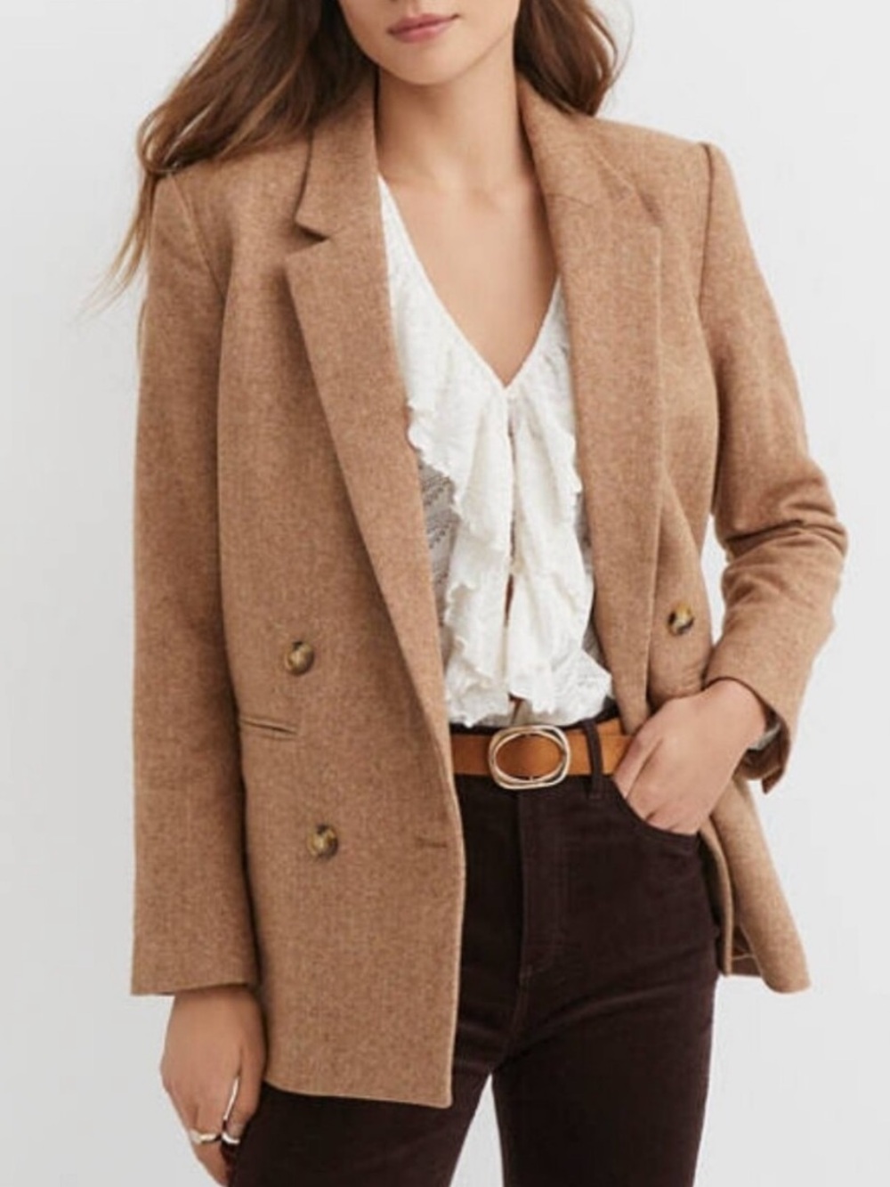 LOFT Herringbone Relaxed Double-Breasted Blazer Jacket in Camel Brown Size Large